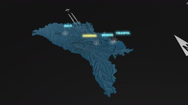 Seamless looping animation of the 3d terrain map at nighttime of Moldova with the capital and the biggest cites in 4K resolution