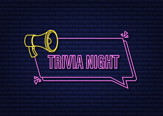 Megaphone with trivia night. Neon megaphone banner. Web design. Neon icon. Vector stock illustration.