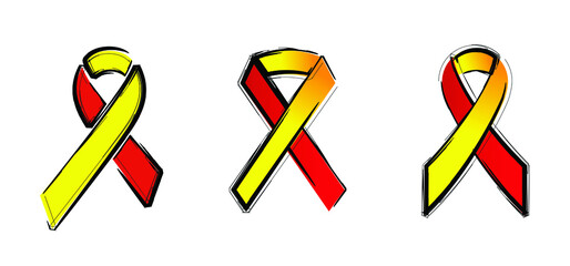 Red, yellow Ribbon. Coronavirus awareness ribbon. COVID-19 pandemic. Stop corona virus. Healthcare and medicine concept. World dancer day or prevention. Vral disease epidemic.
