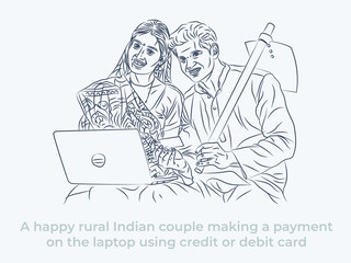 A happy rural Indian couple making a payment on the laptop using credit or debit card line art illustration