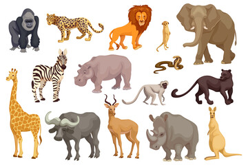 Set of wild animals, inhabitants of the African savannah. Predators, mammals, reptiles. Cartoon characters on a white background. Stylized vector graphics.