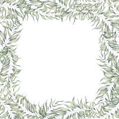 Fototapeta na wymiar Watercolor square frame with illustration of plant elements isolated on a white background in modern style. Branches with leaves for wedding invitation, greeting card, illustration, set.