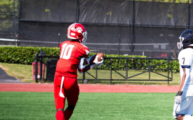 Football wide receiver catching a pass in the endzone for a touchdown