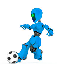robot girl is kicking the football ball in white background