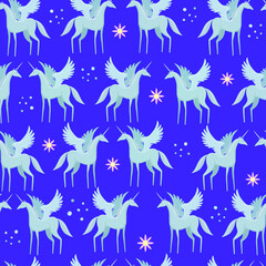 Obraz premium Pegasus with spread wings and a horn. Seamless pattern. Children's print.