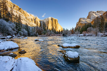 Yosemite National Park and Merced River in winter 
