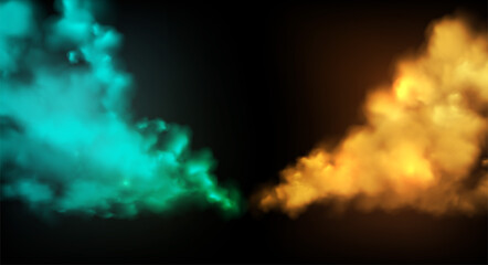 Smoke stage vector background. Abstract blue and gold fog