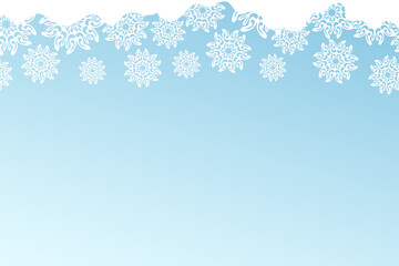 Christmas card with white snowflakes on blue background. Isolated snowflakes icon. Empty paper shape. Winter cartoon flat illustration. Copy space. Holiday pattern, banner, frame, greeting card design