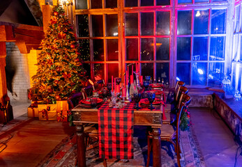 Celebration new year design. Indoor Christmas house interior. Christmas celebrating pretty room. Decorated interior for indoor celebration