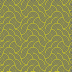 Japanese pattern yellow stripes on dark blue background, Wave pattern Japanese retro style, Cloth pattern in dark blue and yellow curve line, Abstract wave pattern on dark blue and yellow color