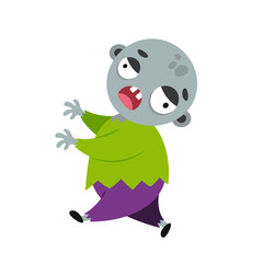 Funny cartoon zombie. Cute Halloween character walks with outstretched arms and scares. Boy in costume for spooky party. Cool print with monster for children's school supplies, holiday greeting card.
