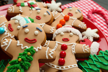 Delicious Christmas cookies and candy on table, closeup