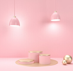 Stone product display podium with pink lamp on the pink wall. 3d rendering