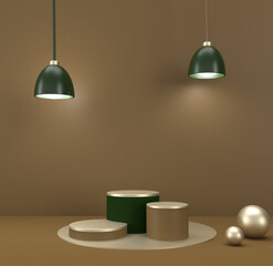 Stone product display podium with green lamp on the brown wall. 3d rendering