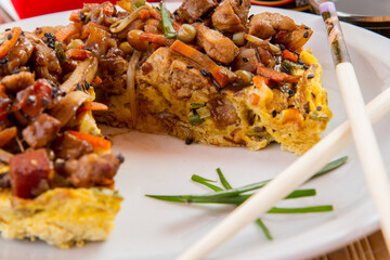 Chinese food egg omelette ca rice and pork