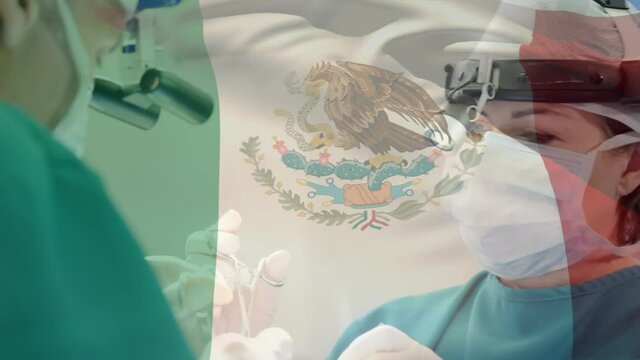 Animation of flag of mexico waving over surgeons in operating theatre