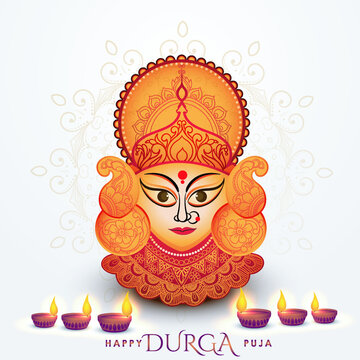 Durga Puja Design. Durga Maa With Diya. 