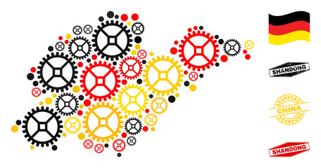 Repair workshop Shandong Province map collage and seals. Vector collage is designed with workshop elements in variable sizes, and German flag official colors - red, yellow, black.