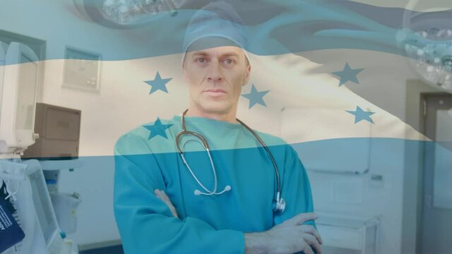 Animation of flag of honduras waving over surgeon in operating theatre