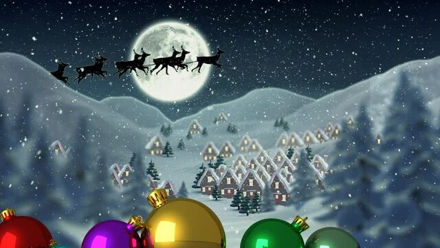 Animation of santa claus in sleigh with reindeer over snow falling and moon