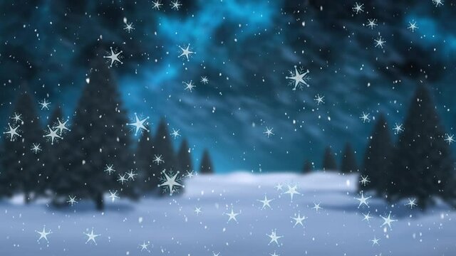 Animation of snow falling over winter scenery with fir trees