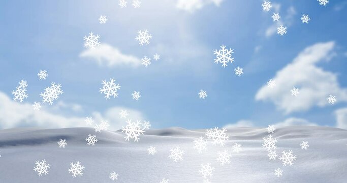 Animation of snow falling over winter landscape and sky