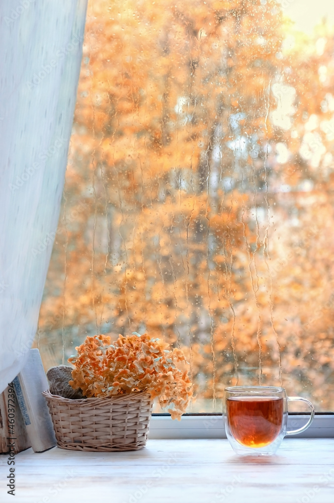 Wall mural tea cup, old books and flowers hydrangea on window sill. autumn season, rainy day. melancholic mood,