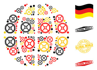 Service planet globe composition and stamps. Vector collage is designed from mechanics elements in various sizes, and German flag official colors - red, yellow, black.