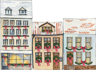 christmas clipart winter house, watercolor new year market, park outdoor activity, landscape scene sublimation illustration, tree image, isolated elements on white background