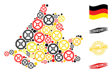 Cog South Holland map collage and seals. Vector collage is created from cog elements in various sizes, and Germany flag official colors - red, yellow, black.