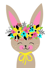 Happy bunny character, rabbit with flowers wreath