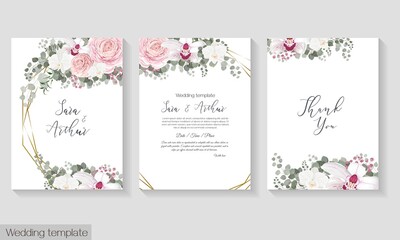 Fototapeta na wymiar Vector floral template for wedding invitations. Pink roses, white orchids, berries, gypsophila, eucalyptus, green plants and flowers. Postcard for your text.