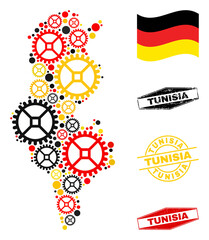 Workshop Tunisia map collage and stamps. Vector collage is formed with repair service items in variable sizes, and German flag official colors - red, yellow, black.