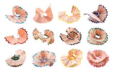 Set with different pencil shavings on white background