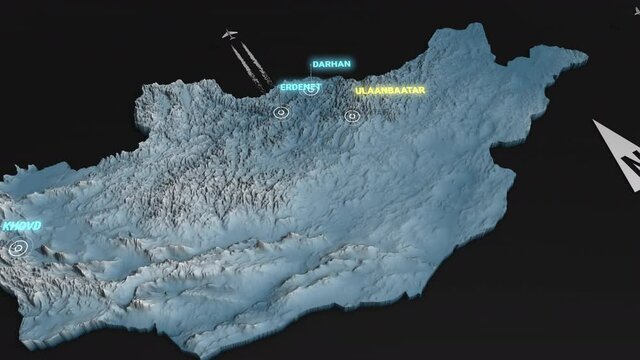 Seamless looping animation of the 3d terrain map at nighttime of Mongolia with the capital and the biggest cites in 4K resolution