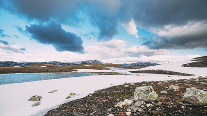 Aurlandsfjellet, Norway. Summer Norwegian Scenic Landscape Near Aurlandsfjellet Road. Scenic Route Road In Summer Day. Popular Destination