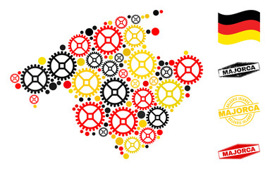 Mechanics Majorca map collage and stamps. Vector collage is formed with workshop icons in different sizes, and Germany flag official colors - red, yellow, black.