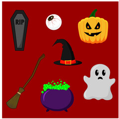 Halloween set symbols: pumpkin, cauldron, broom, witch hat, ghost, eye, coffin