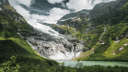 Jostedalsbreen National Park, Sogn Og Fjordane County, Norway. Boyabreen Glacier In Spring Sunny Day. Famous Norwegian Landmark And Popular Destination. 4K