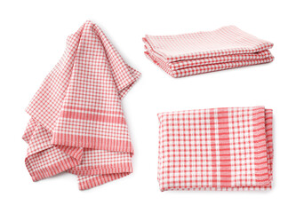 Set with clean kitchen towels on white background