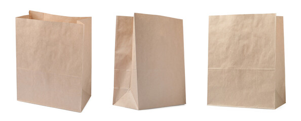 Set with paper bags on white background. Banner design