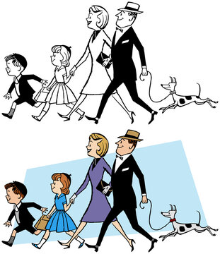 A vintage retro cartoon of a family out for a walk with their dog. 
