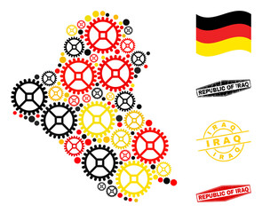 Mechanics Iraq map collage and stamps. Vector collage is designed with service elements in variable sizes, and Germany flag official colors - red, yellow, black.