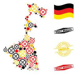 Wheel West Bengal State map collage and stamps. Vector collage composed with service icons in different sizes, and German flag official colors - red, yellow, black.