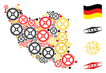 Service Iran map collage and seals. Vector collage is designed with service items in different sizes, and German flag official colors - red, yellow, black.