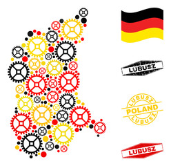 Workshop Lubusz Voivodeship map collage and stamps. Vector collage is created from repair workshop icons in different sizes, and German flag official colors - red, yellow, black.