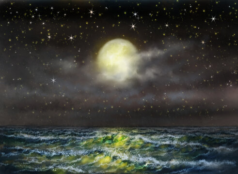 Oil paintings sea landscape, starry night sky, night sky and stars. Fine art
