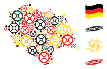 Repair service Himachal Pradesh State map collage and seals. Vector collage is formed of workshop icons in variable sizes, and Germany flag official colors - red, yellow, black.