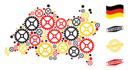 Gear Tatarstan map collage and seals. Vector collage is created of workshop items in different sizes, and Germany flag official colors - red, yellow, black.