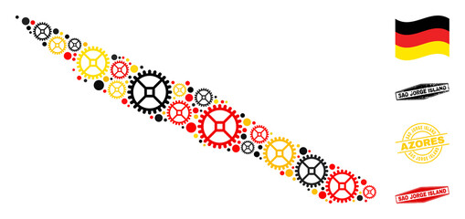 Gear Sao Jorge Island map collage and seals. Vector collage created of cog icons in variable sizes, and German flag official colors - red, yellow, black.